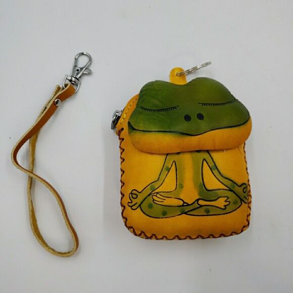 Zen Frog Keychain Wristlet Gift Handmade Leather Wallet Tooled Coin Purse Yoga - Picture 3 of 15